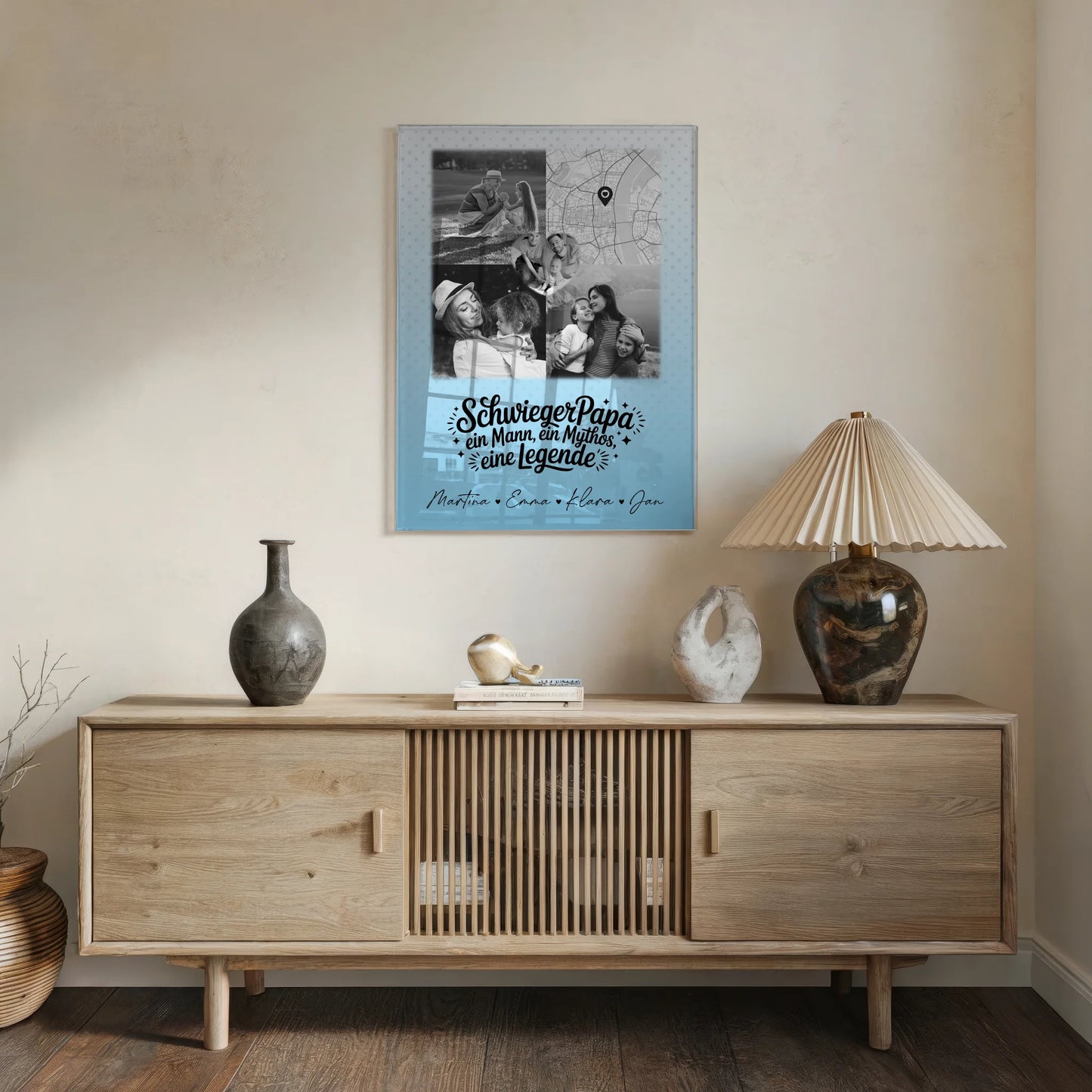 Personalisierte Geschenke mit Foto Acrylglas 3 Fotos und Herz Karte für Schwiegerpapa Mythos Legende Schwarz-Weiß