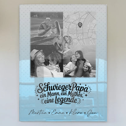 Personalisierte Geschenke mit Foto Acrylglas 3 Fotos und Herz Karte für Schwiegerpapa Mythos Legende Schwarz-Weiß