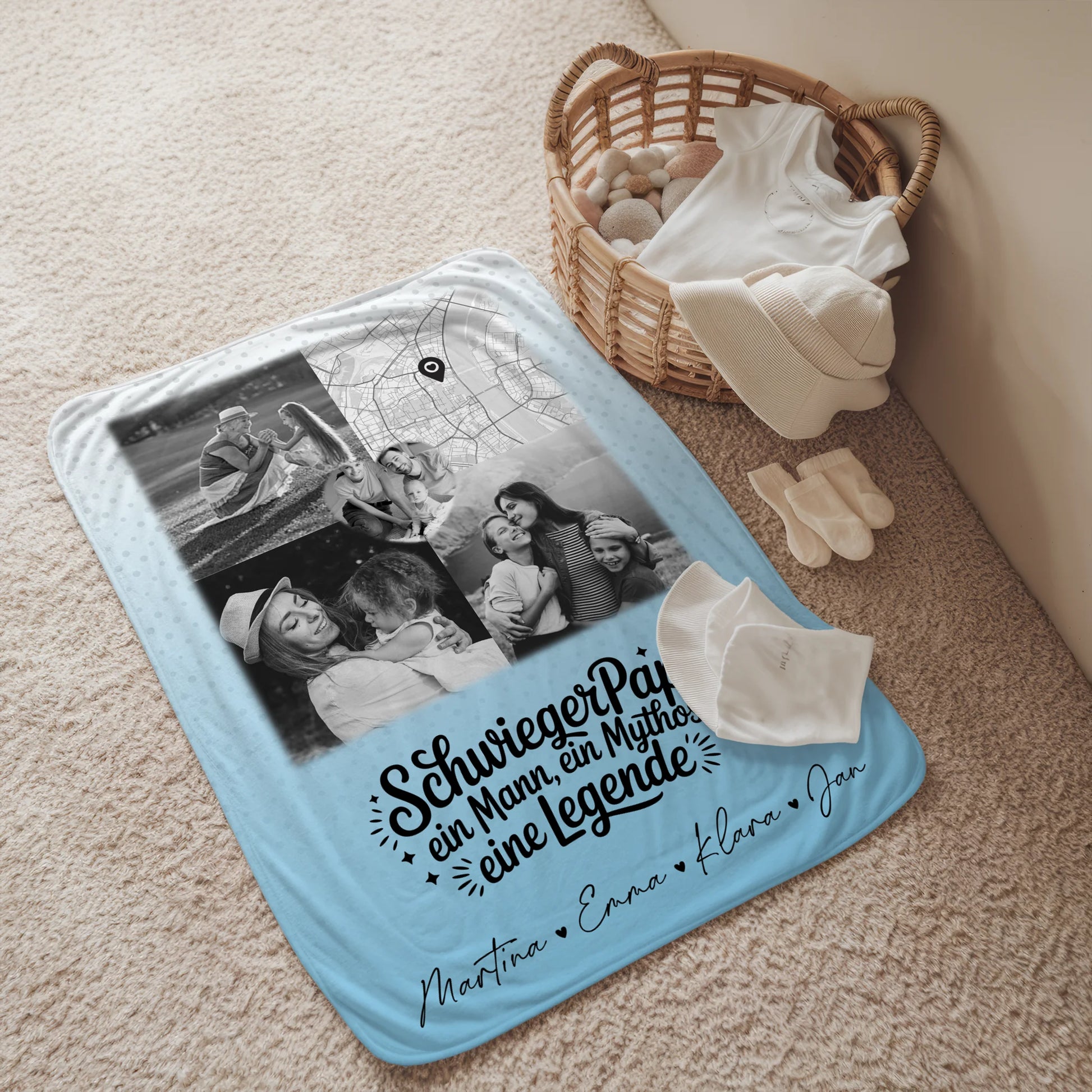 Personalisierte Namensdecke mit 3 Fotos Herz Foto Karte Schwarz-Weiß für Schwiegerpapa Mythos Legende 2