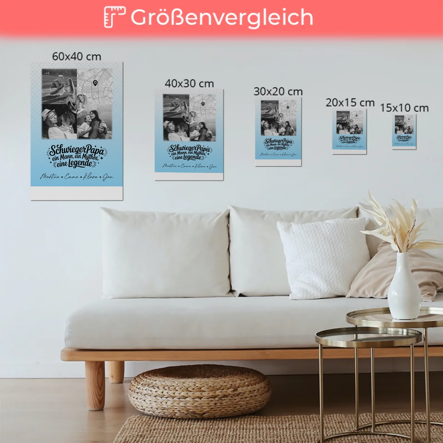 Personalisierte Fotoboard Magnet Wandbild mit 3 Fotos und Herz Karte für Schwiegerpapa Mythos Legende Schwarz-Weiß 6