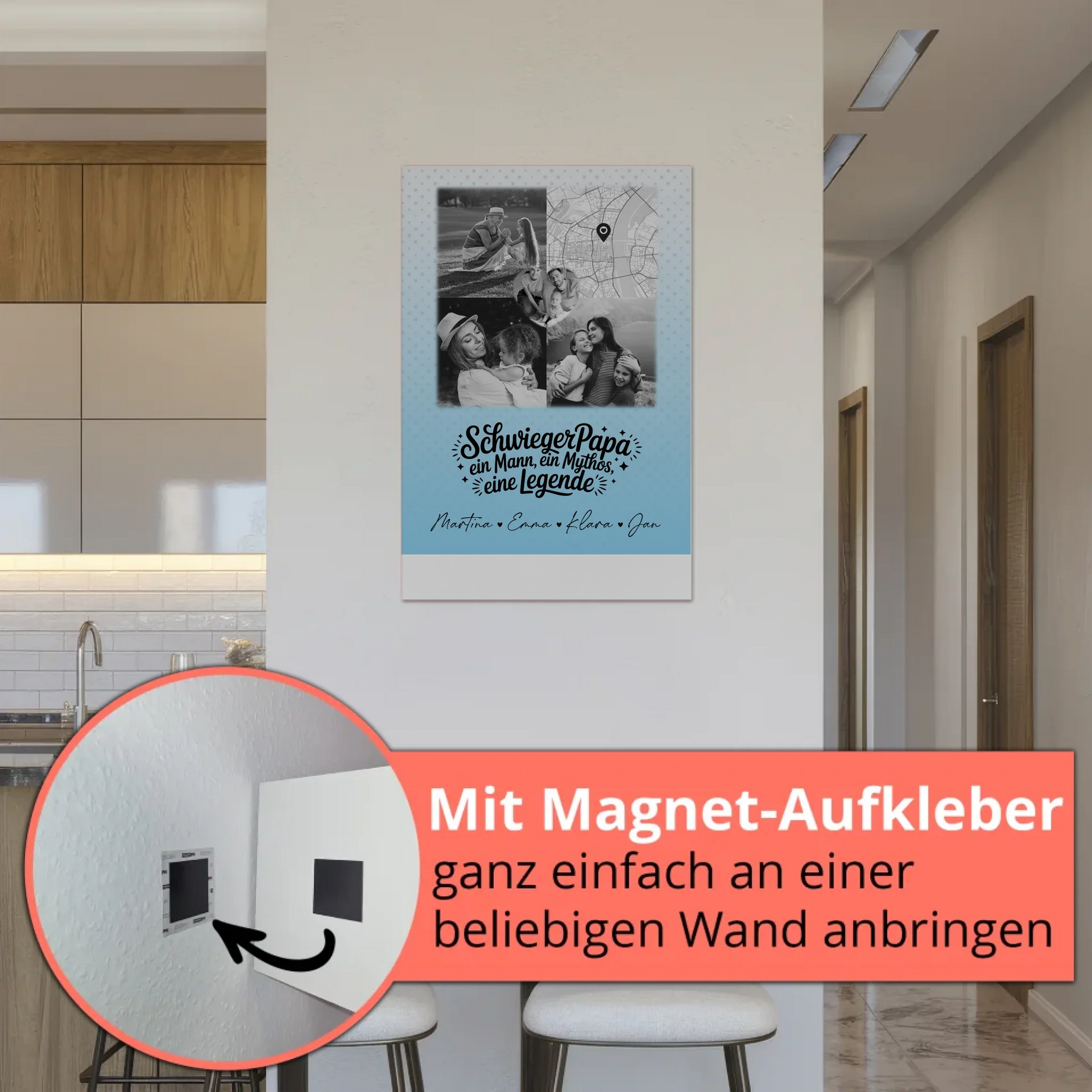 Personalisierte Fotoboard Magnet Wandbild mit 3 Fotos und Herz Karte für Schwiegerpapa Mythos Legende Schwarz-Weiß 5