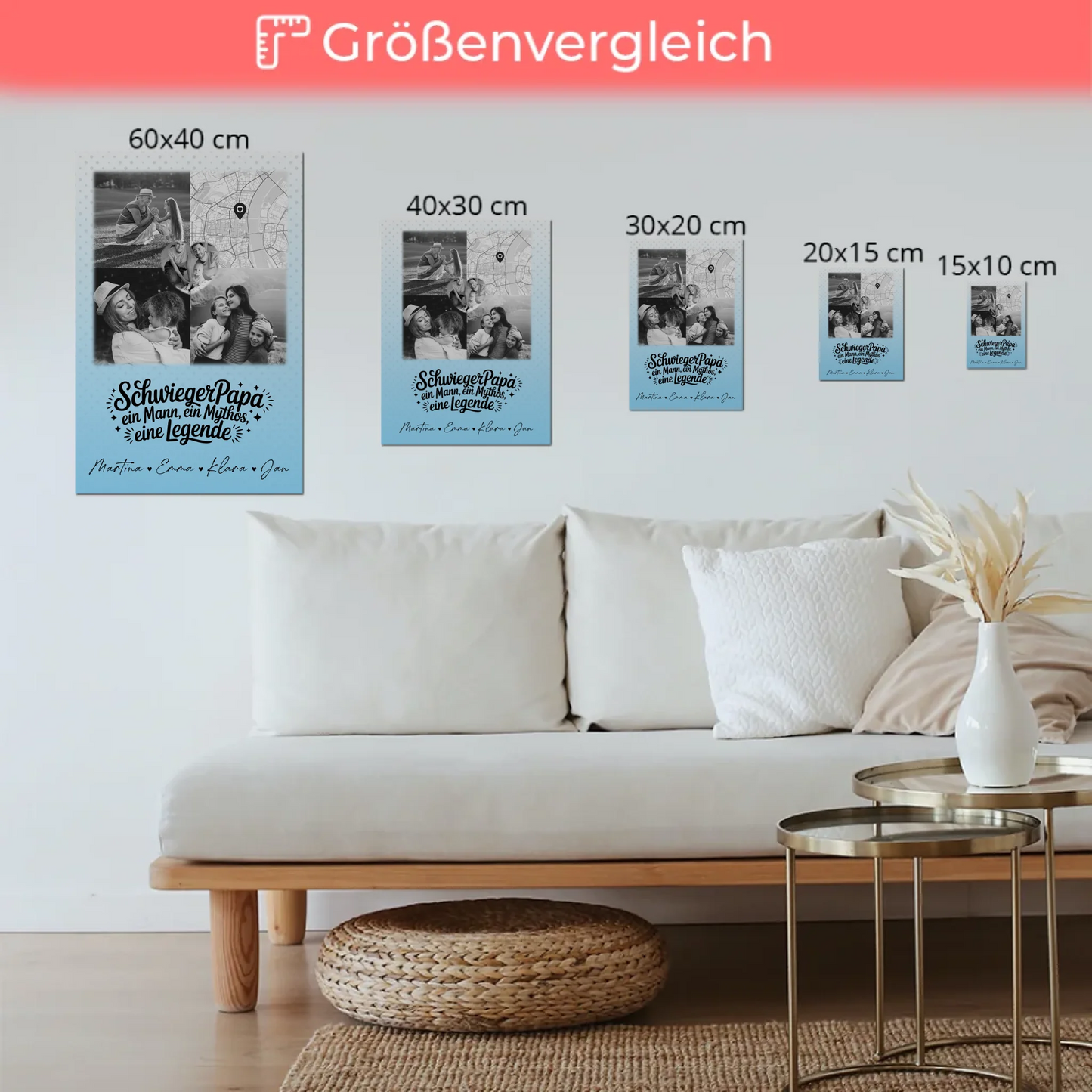 Personalisierte Fotoboard Magnet Wandbild mit 3 Fotos und Herz Karte für Schwiegerpapa Mythos Legende Schwarz-Weiß
