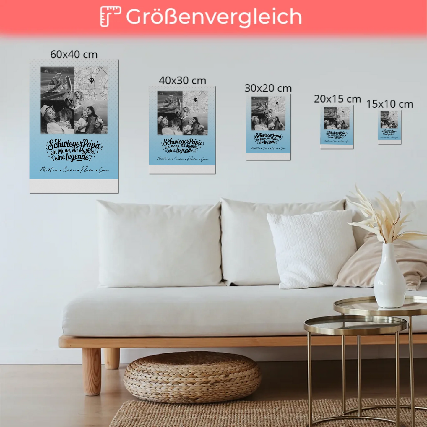 Personalisierte Fotoboard Magnet Wandbild mit 3 Fotos und Herz Karte für Schwiegerpapa Mythos Legende Schwarz-Weiß