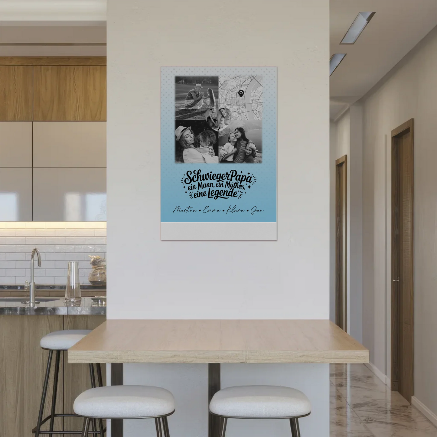 Personalisierte Fotoboard Magnet Wandbild mit 3 Fotos und Herz Karte für Schwiegerpapa Mythos Legende Schwarz-Weiß