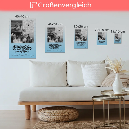 Personalisierte Fotoboard Magnet Wandbild mit 3 Fotos und Herz Karte für Schwiegerpapa Mythos Legende Schwarz-Weiß