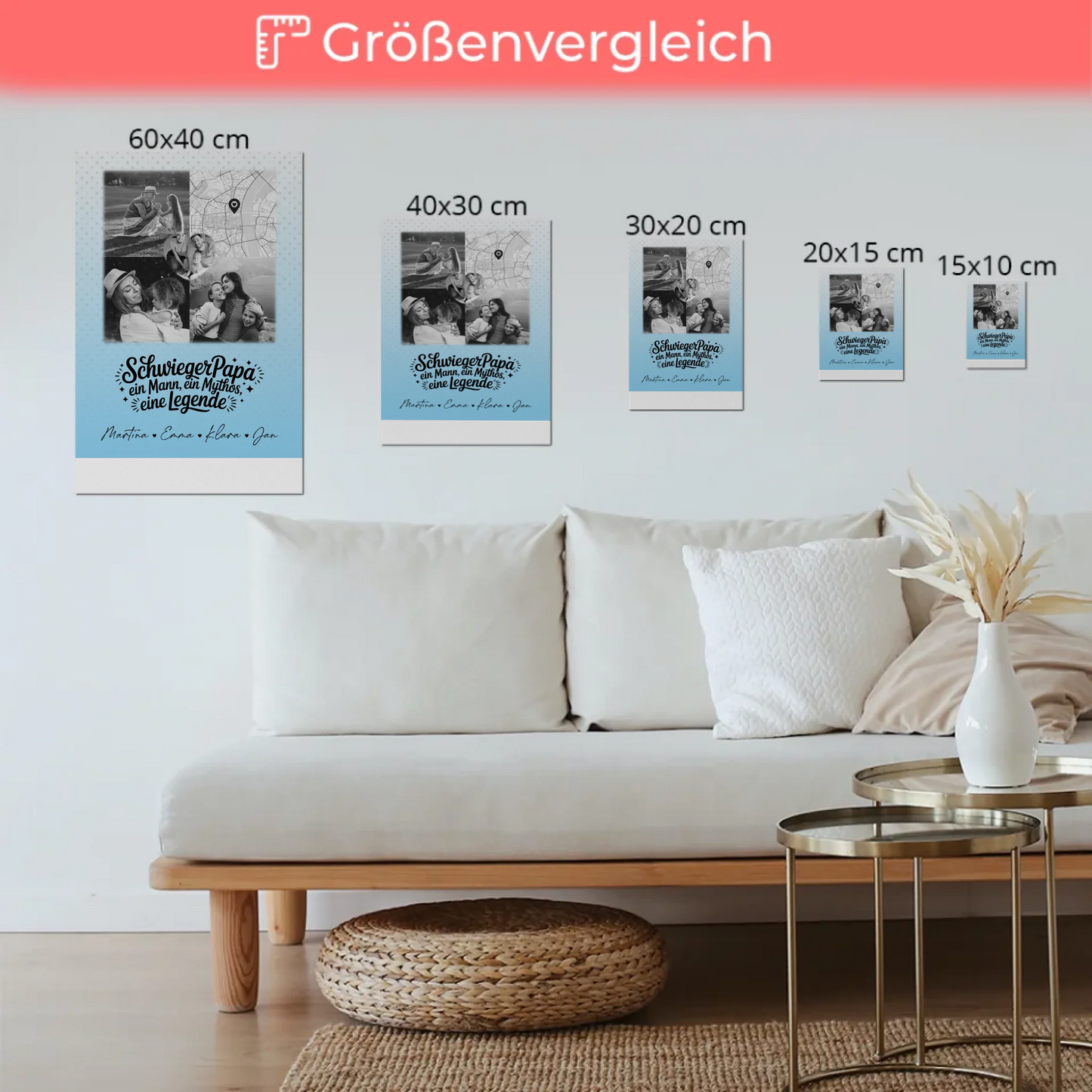 Personalisierte Fotoboard Magnet Wandbild mit 3 Fotos und Herz Karte für Schwiegerpapa Mythos Legende Schwarz-Weiß