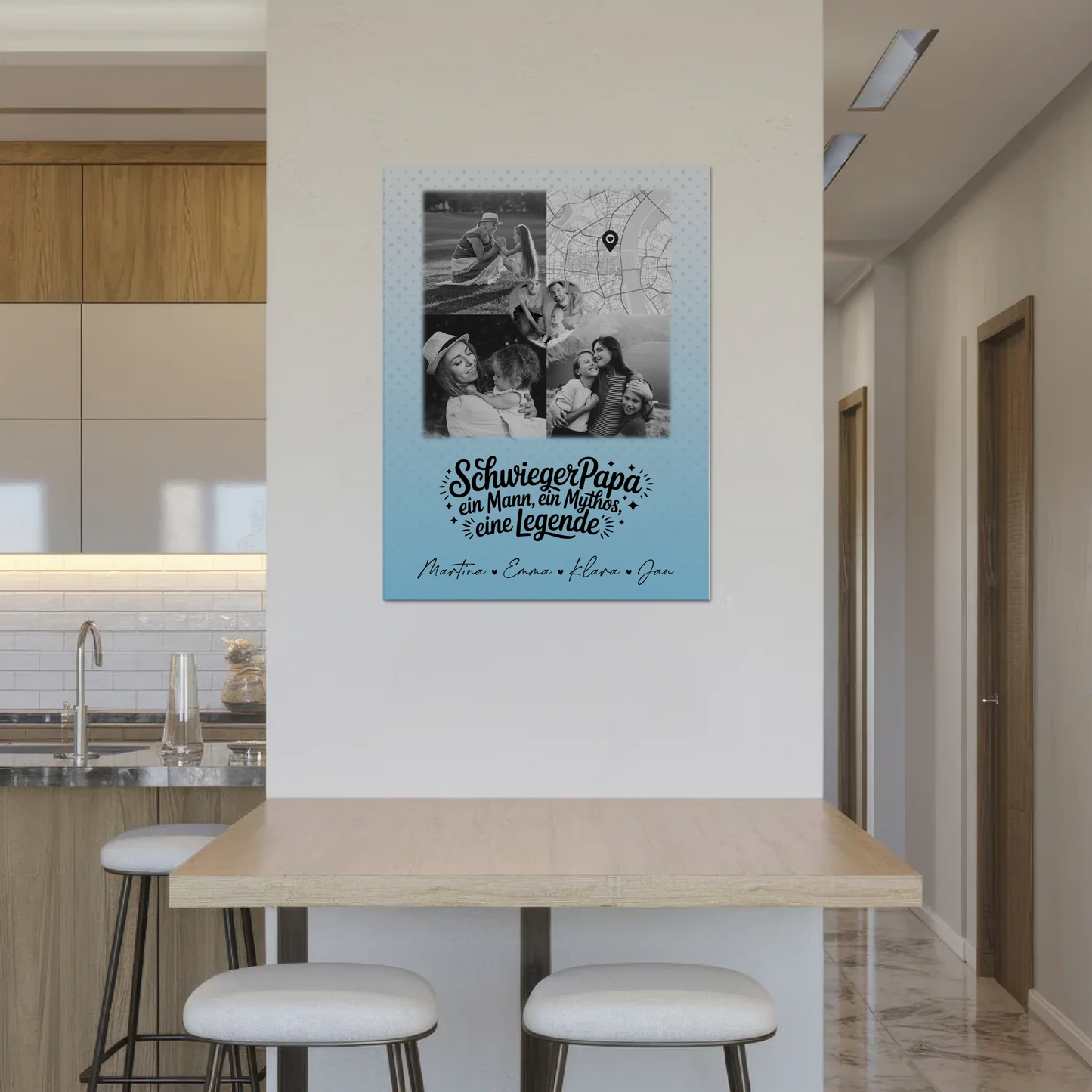 Personalisierte Fotoboard Magnet Wandbild mit 3 Fotos und Herz Karte für Schwiegerpapa Mythos Legende Schwarz-Weiß