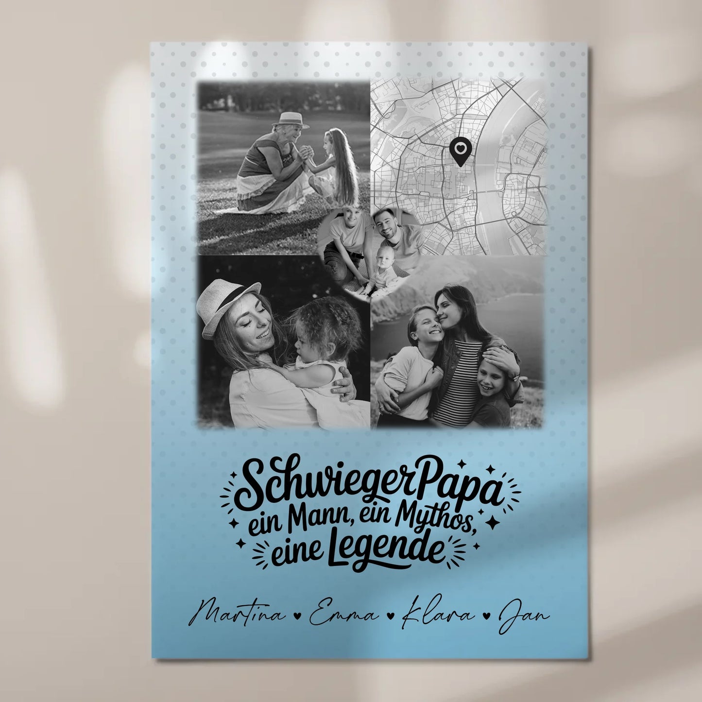 Personalisierte Fotoboard Magnet Wandbild mit 3 Fotos und Herz Karte für Schwiegerpapa Mythos Legende Schwarz-Weiß