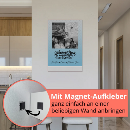 Personalisierte Fotoboard Magnet Wandbild mit 3 Fotos und Herz Karte für Schwiegerpapa Mythos Legende Schwarz-Weiß