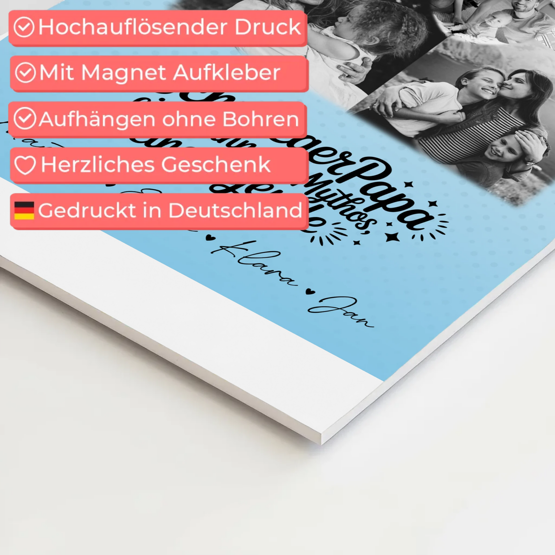 Personalisierte Fotoboard Magnet Wandbild mit 3 Fotos und Herz Karte für Schwiegerpapa Mythos Legende Schwarz-Weiß 4