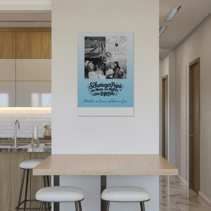 Personalisierte Fotoboard Magnet Wandbild mit 3 Fotos und Herz Karte für Schwiegerpapa Mythos Legende Schwarz-Weiß