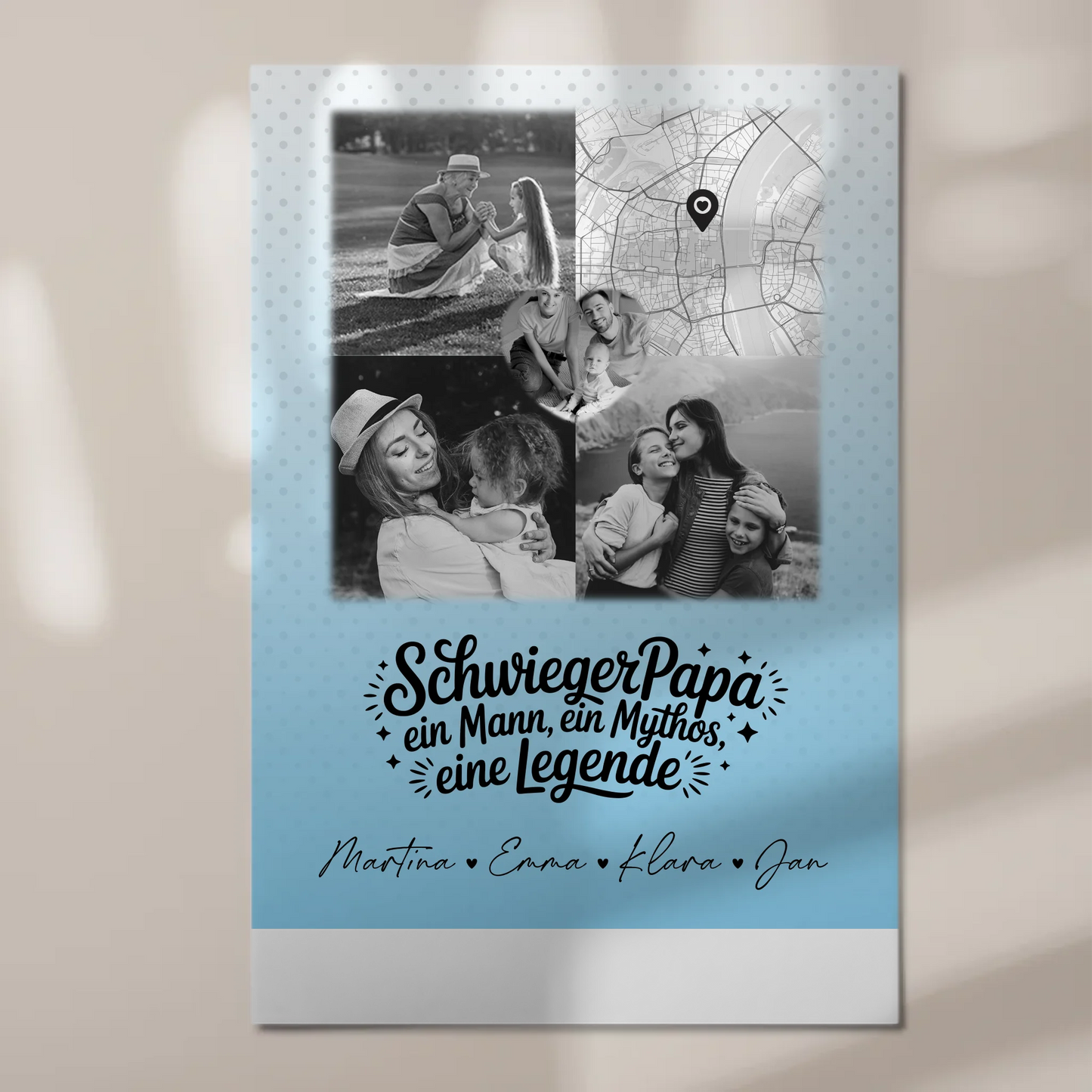 Personalisierte Fotoboard Magnet Wandbild mit 3 Fotos und Herz Karte für Schwiegerpapa Mythos Legende Schwarz-Weiß