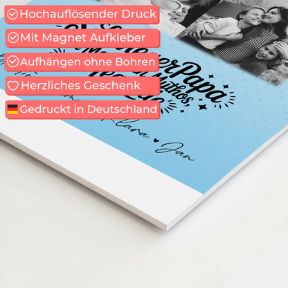 Personalisierte Fotoboard Magnet Wandbild mit 3 Fotos und Herz Karte für Schwiegerpapa Mythos Legende Schwarz-Weiß