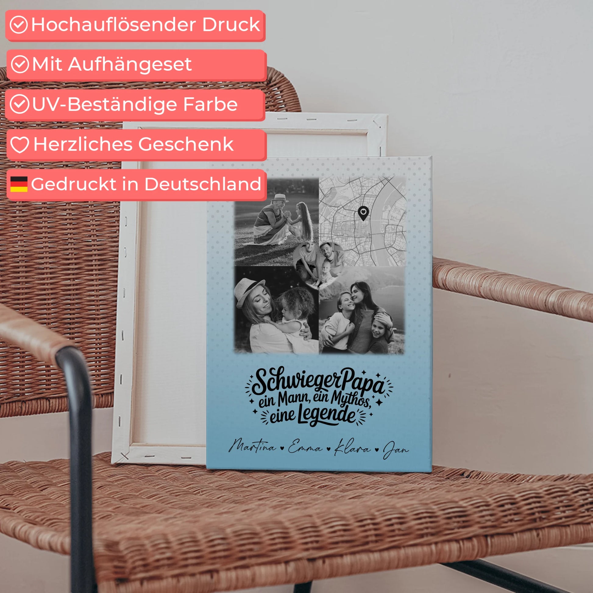 Personalisierte Leinwand Wandbild mit 3 Fotos und Herz Foto Karte für Schwiegerpapa Mythos Legende Schwarz-Weiß 5