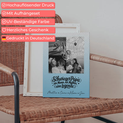 Personalisierte Leinwand Wandbild mit 3 Fotos und Herz Foto Karte für Schwiegerpapa Mythos Legende Schwarz-Weiß 5
