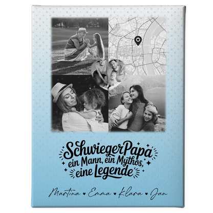 Personalisierte Leinwand Wandbild mit 3 Fotos und Herz Foto Karte für Schwiegerpapa Mythos Legende Schwarz-Weiß 1