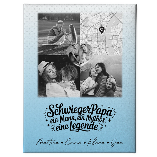 Personalisierte Leinwand Wandbild mit 3 Fotos und Herz Foto Karte für Schwiegerpapa Mythos Legende Schwarz-Weiß 1