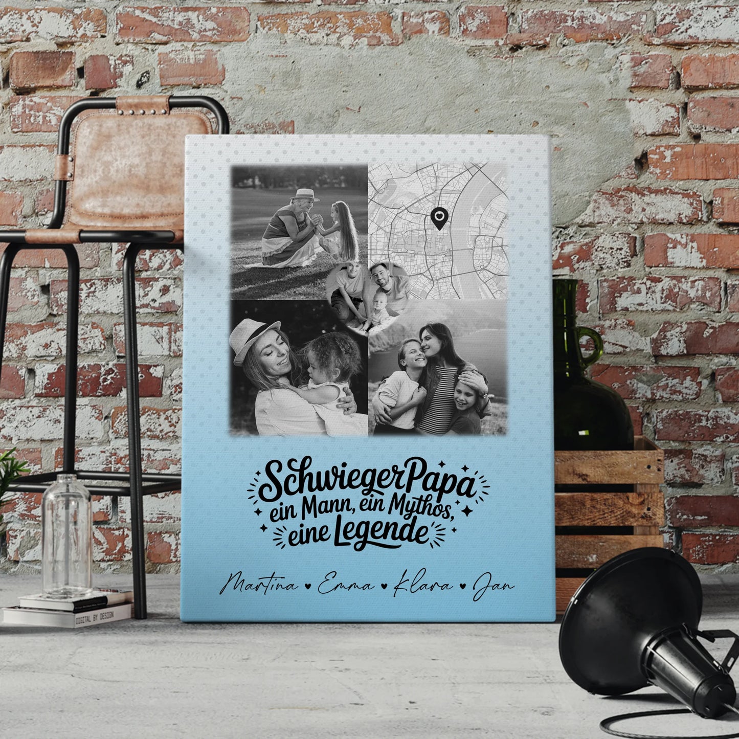 Personalisierte Leinwand Wandbild mit 3 Fotos und Herz Foto Karte für Schwiegerpapa Mythos Legende Schwarz-Weiß 4
