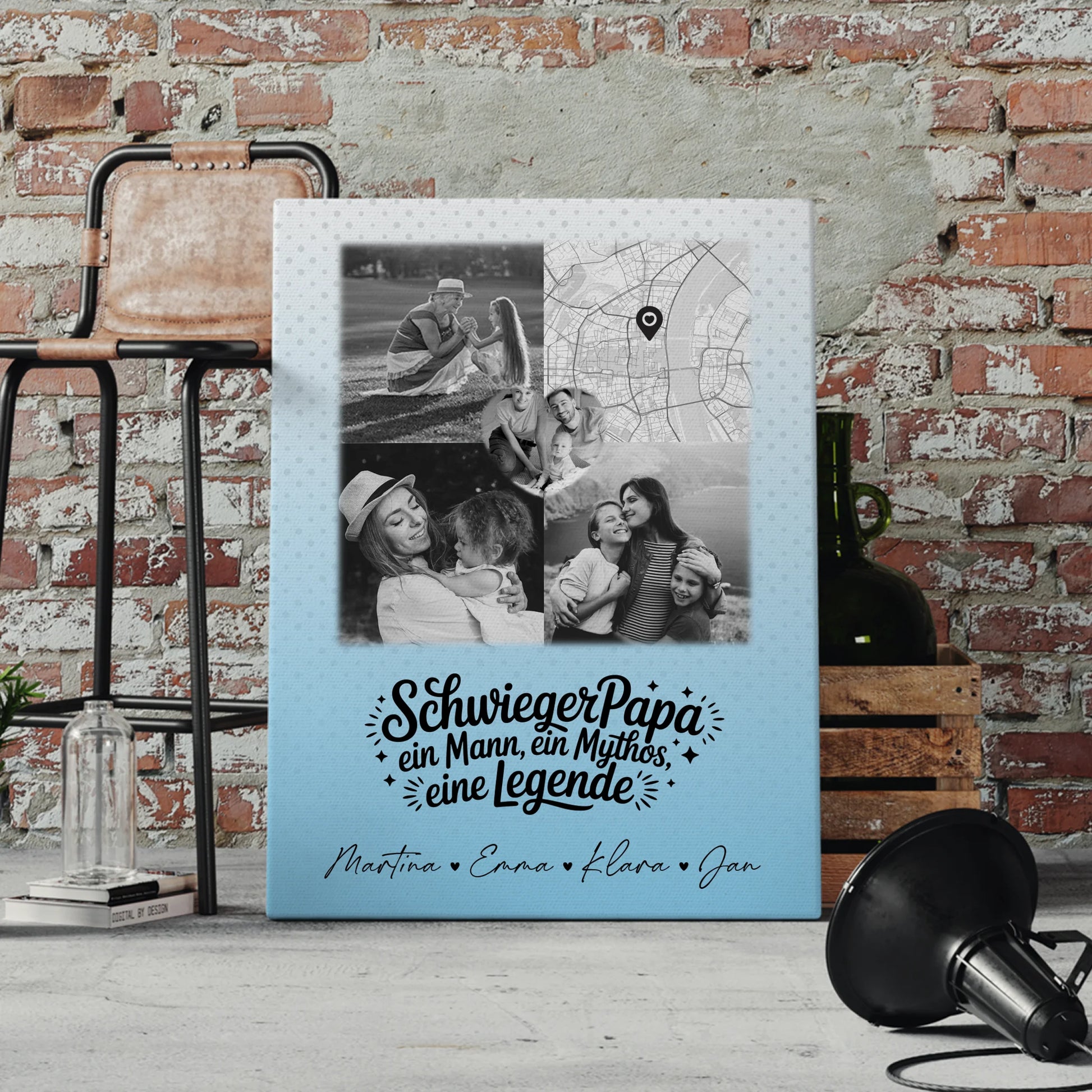 Personalisierte Leinwand Wandbild mit 3 Fotos und Herz Foto Karte für Schwiegerpapa Mythos Legende Schwarz-Weiß 4