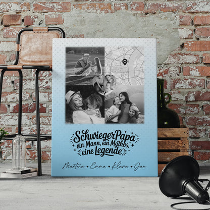 Personalisierte Leinwand Wandbild mit 3 Fotos und Herz Foto Karte für Schwiegerpapa Mythos Legende Schwarz-Weiß 4