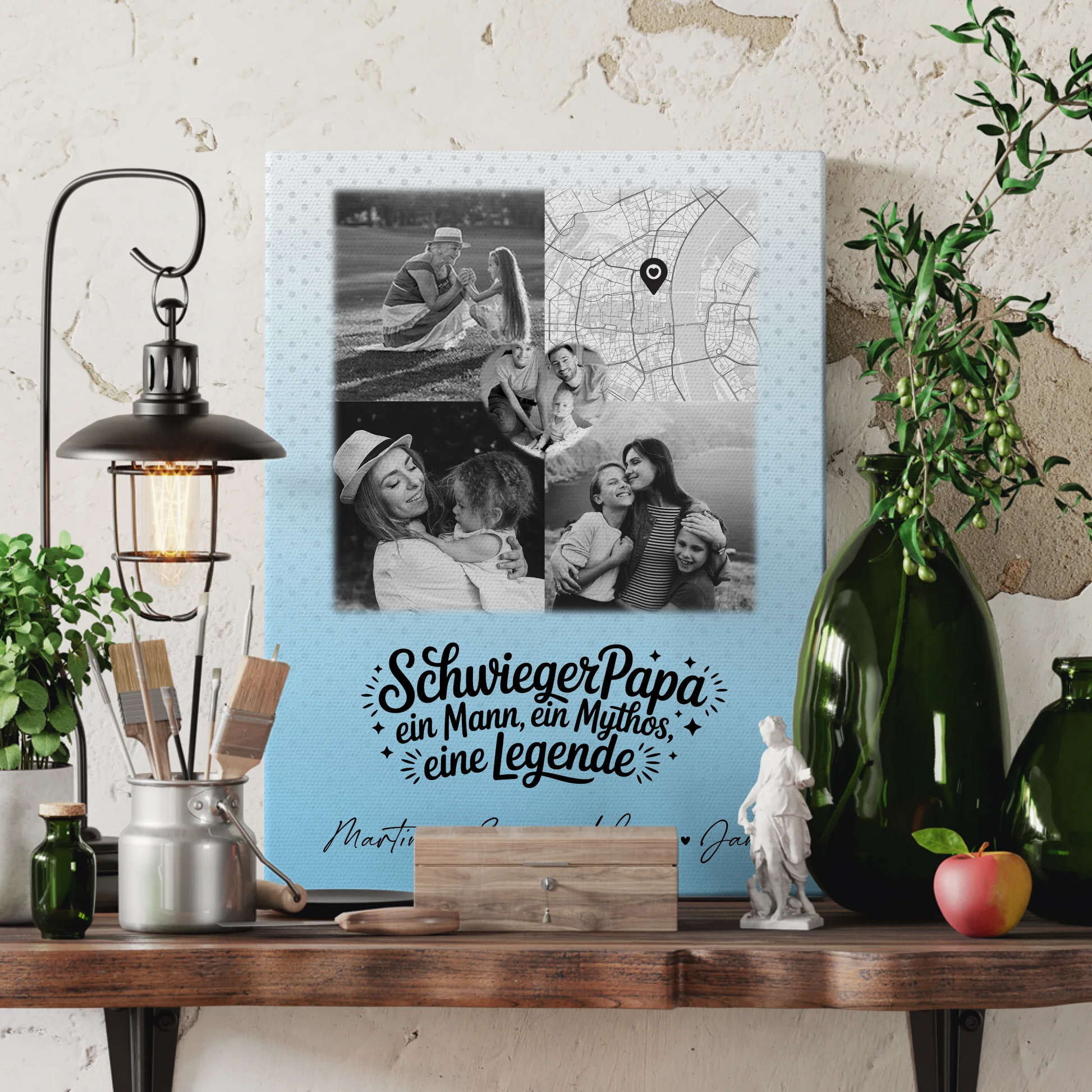 Personalisierte Leinwand Wandbild mit 3 Fotos und Herz Foto Karte für Schwiegerpapa Mythos Legende Schwarz-Weiß 3