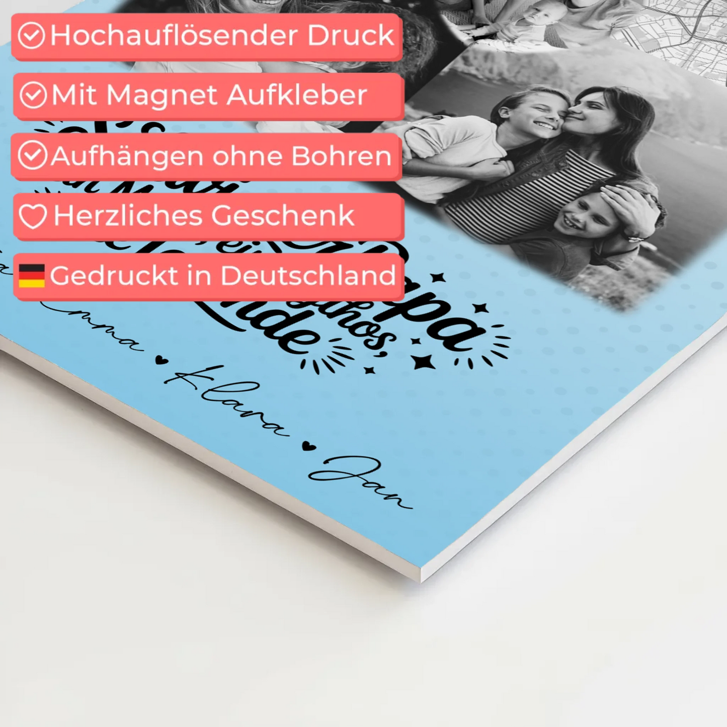 Personalisierte Fotoboard Magnet Wandbild mit 3 Fotos und Herz Karte für Schwiegerpapa Mythos Legende Schwarz-Weiß