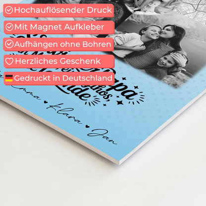 Personalisierte Fotoboard Magnet Wandbild mit 3 Fotos und Herz Karte für Schwiegerpapa Mythos Legende Schwarz-Weiß