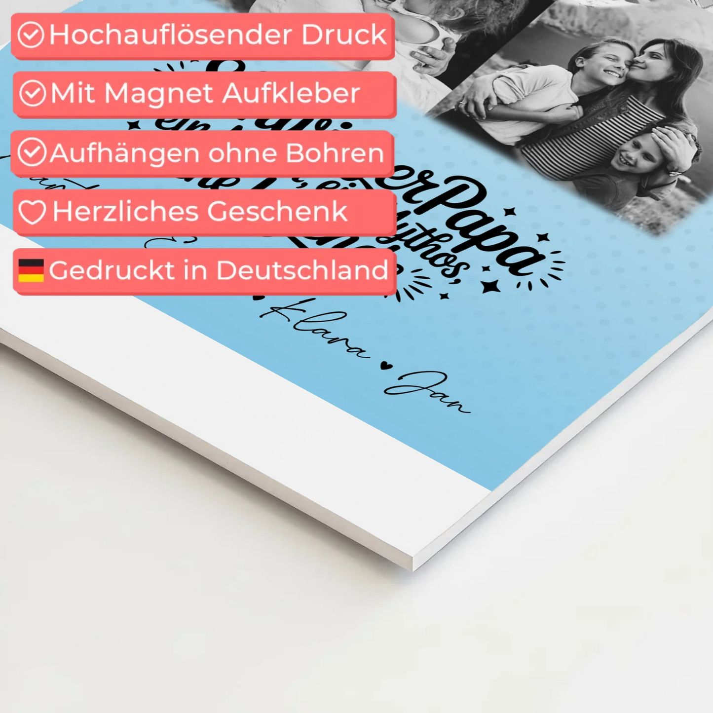 Personalisierte Fotoboard Magnet Wandbild mit 3 Fotos und Herz Karte für Schwiegerpapa Mythos Legende Schwarz-Weiß