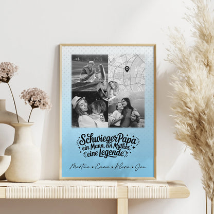 Personalisierte Karten Poster mit 3 Fotos und Herz Foto Karte für Schwiegerpapa Mythos Legende Schwarz-Weiß