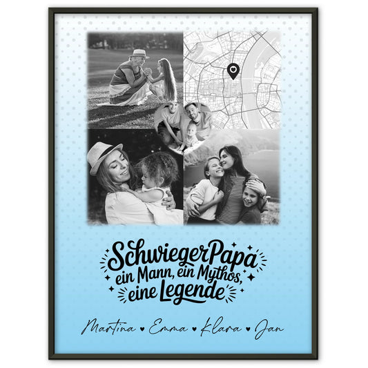 Personalisierte Karten Poster mit 3 Fotos und Herz Foto Karte für Schwiegerpapa Mythos Legende Schwarz-Weiß