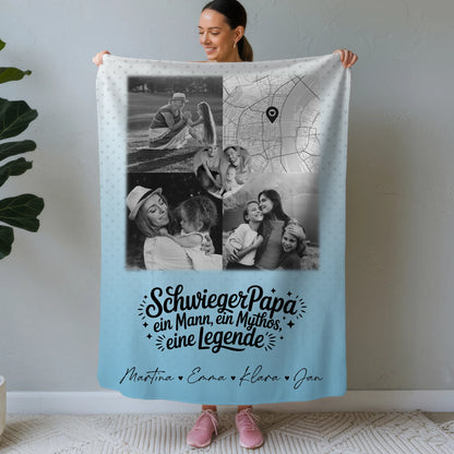 Personalisierte Namensdecke mit 3 Fotos Herz Foto Karte Schwarz-Weiß für Schwiegerpapa Mythos Legende 1