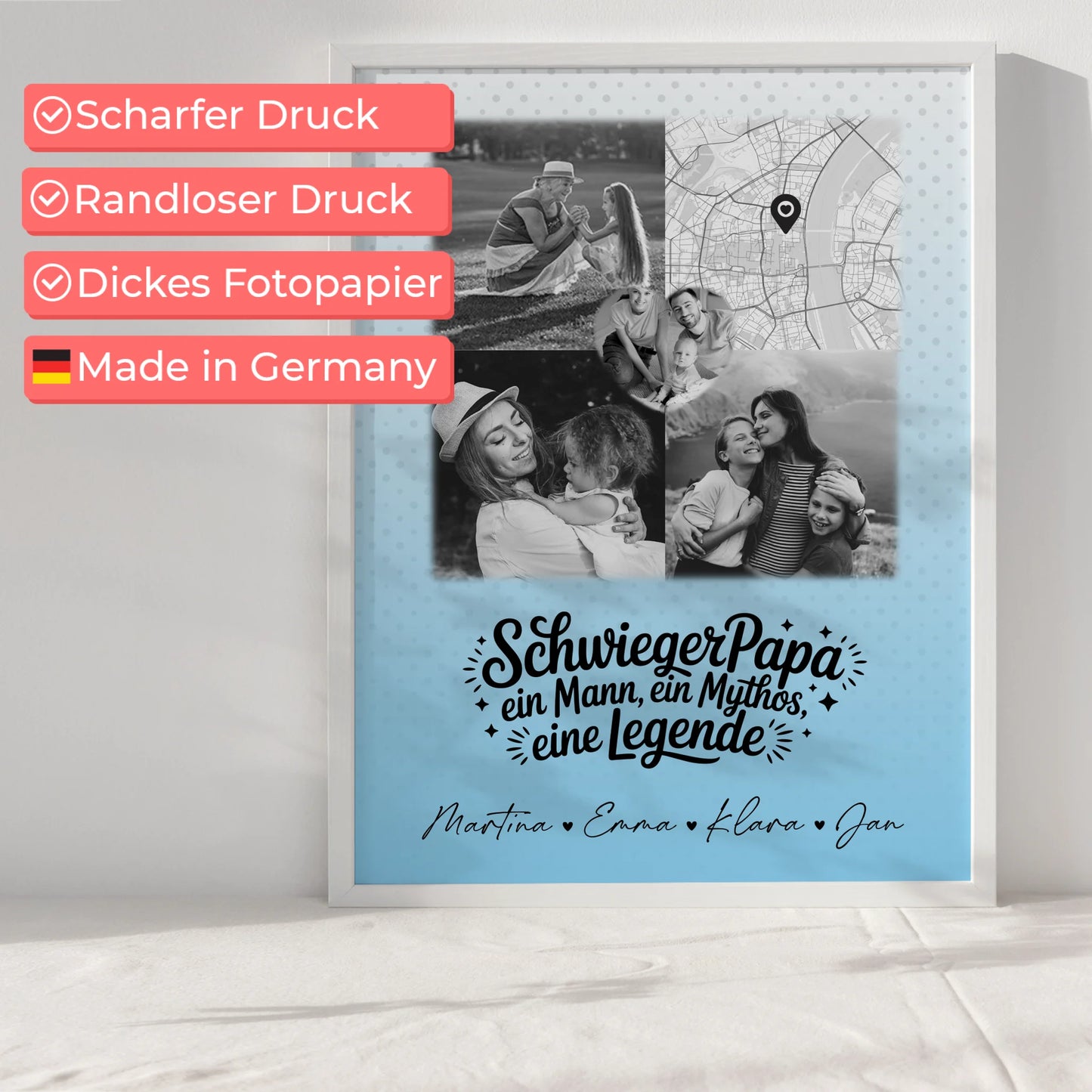 Personalisierte Karten Poster mit 3 Fotos und Herz Foto Karte für Schwiegerpapa Mythos Legende Schwarz-Weiß