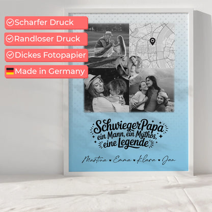 Personalisierte Karten Poster mit 3 Fotos und Herz Foto Karte für Schwiegerpapa Mythos Legende Schwarz-Weiß