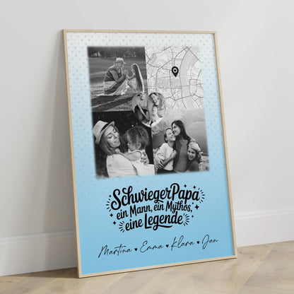 Personalisierte Karten Poster mit 3 Fotos und Herz Foto Karte für Schwiegerpapa Mythos Legende Schwarz-Weiß