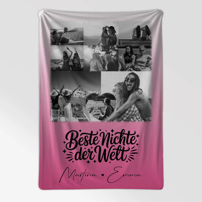 Personalisierte Namensdecke mit 8 Fotos und Herz Foto für die beste Nichte der Welt Schwarz-Weiß