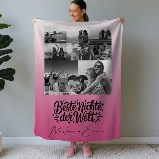 Personalisierte Namensdecke mit 8 Fotos und Herz Foto für die beste Nichte der Welt Schwarz-Weiß