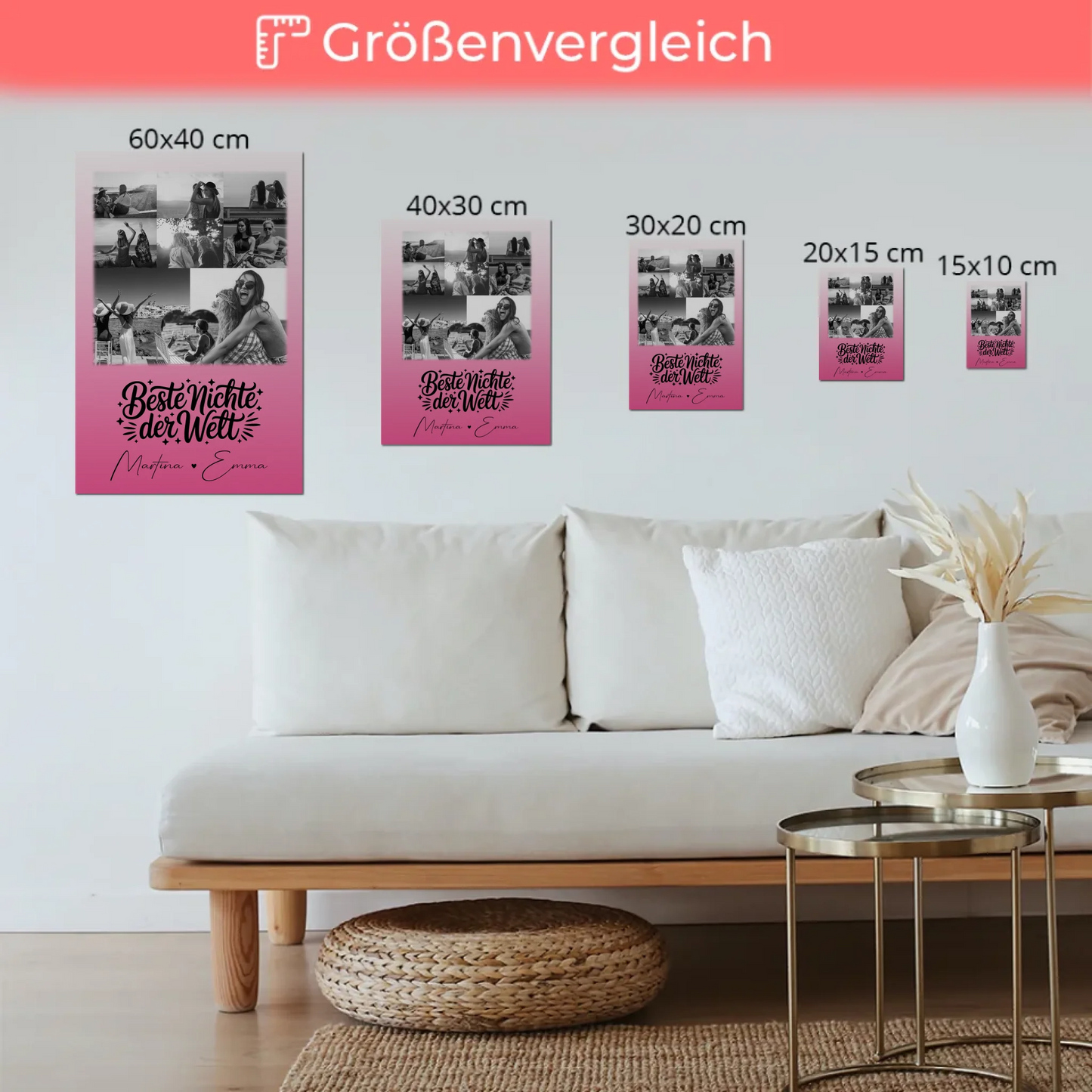 Personalisiertes Fotoboard Magnet Wandbild mit 8 Fotos und Herz für die beste Nichte der Welt