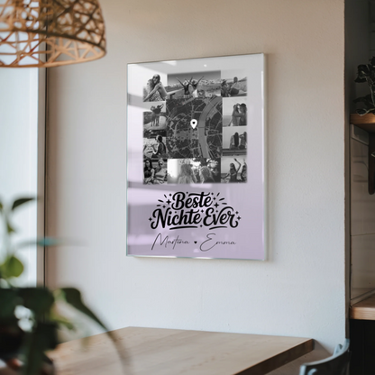 Personalisiertes Foto Mit Acrylglas mit 10 Fotos und Karte in der Mitte Beste Nichte Ever Schwarz-Weiß