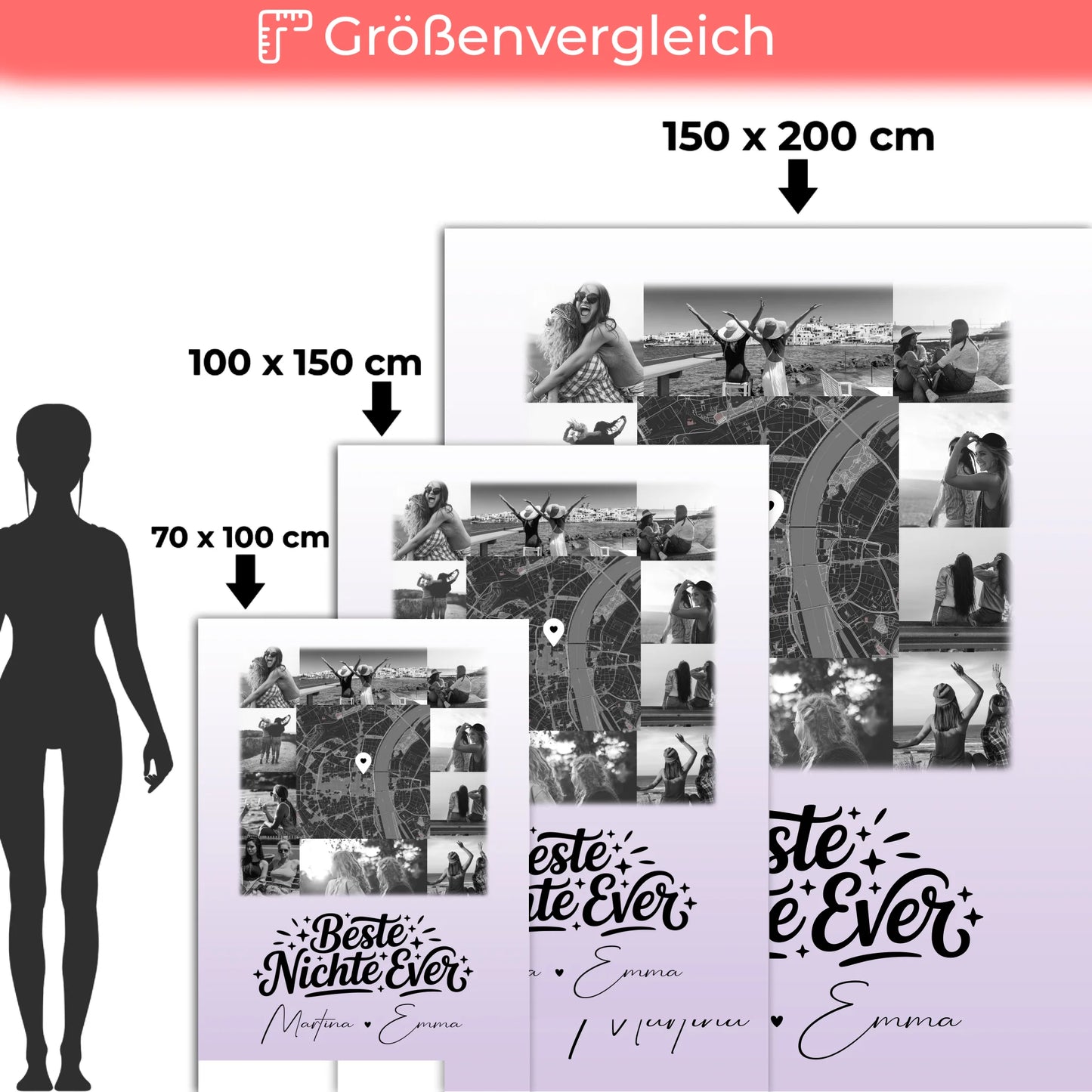 Kuscheldecke Mit Namen Und Motiv 10 Fotos Und Karte in der Mitte Beste Nichte Ever Schwarz-Weiß 5