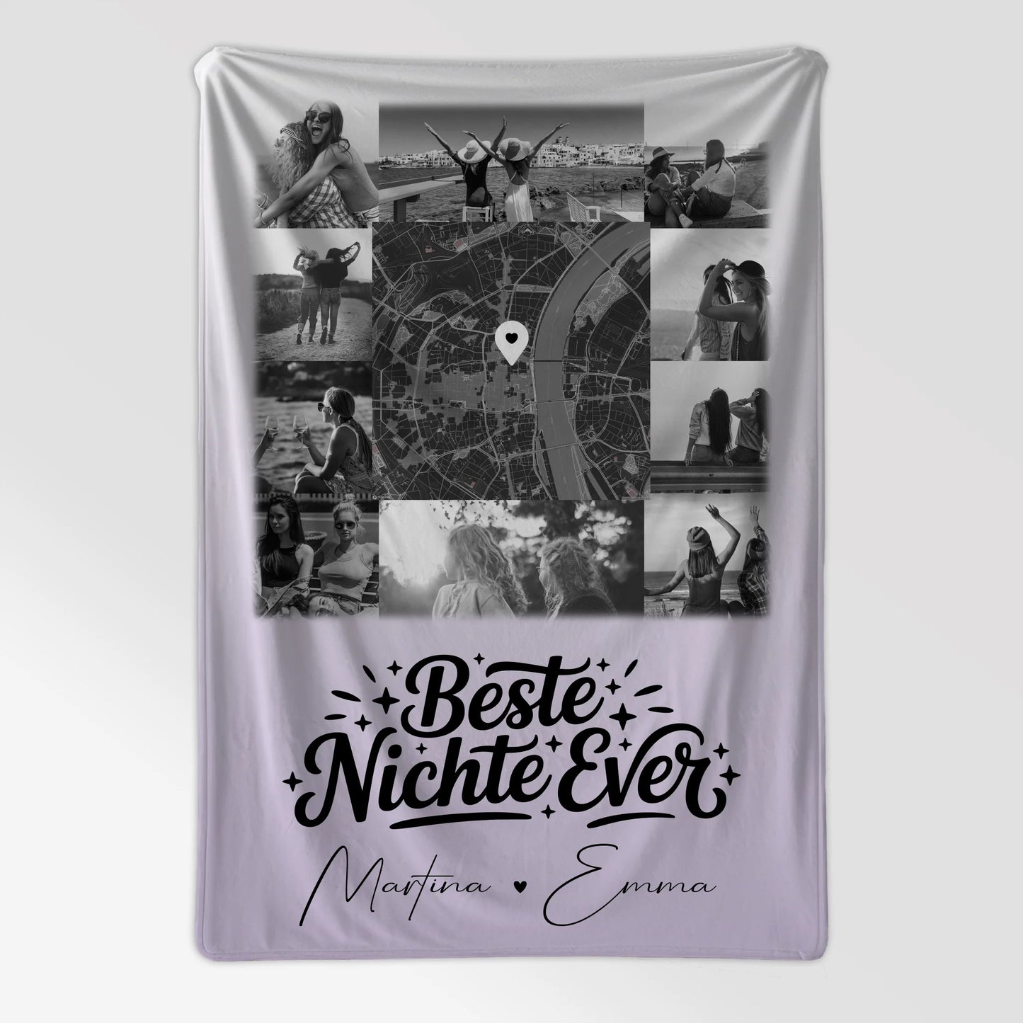 Kuscheldecke Mit Namen Und Motiv 10 Fotos Und Karte in der Mitte Beste Nichte Ever Schwarz-Weiß 7