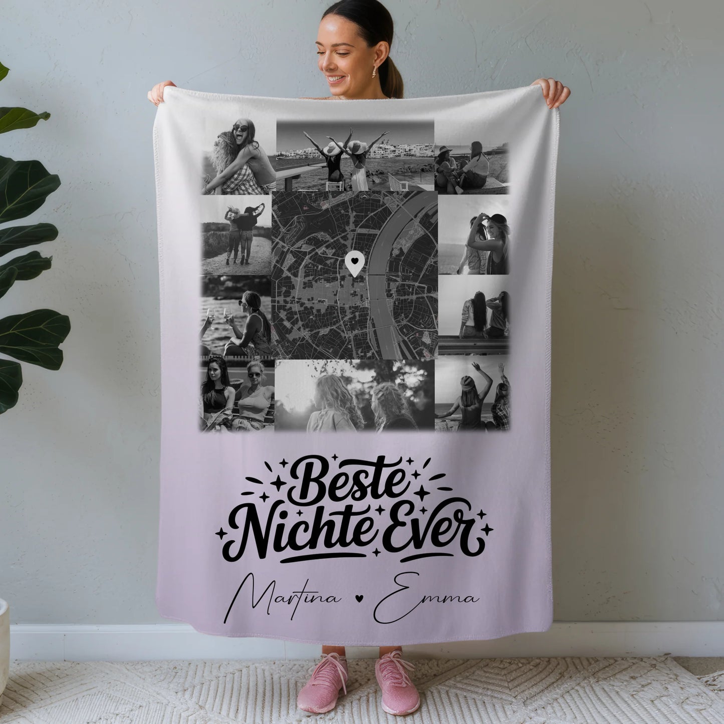 Kuscheldecke Mit Namen Und Motiv 10 Fotos Und Karte in der Mitte Beste Nichte Ever Schwarz-Weiß 1