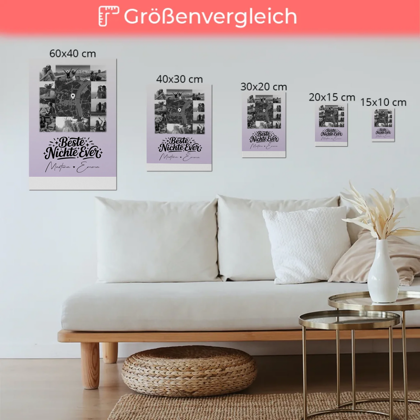 Fotoboard Magnet Wandbild mit 10 Fotos und Karte in der Mitte Beste Nichte Ever Schwarz-Weiß 6
