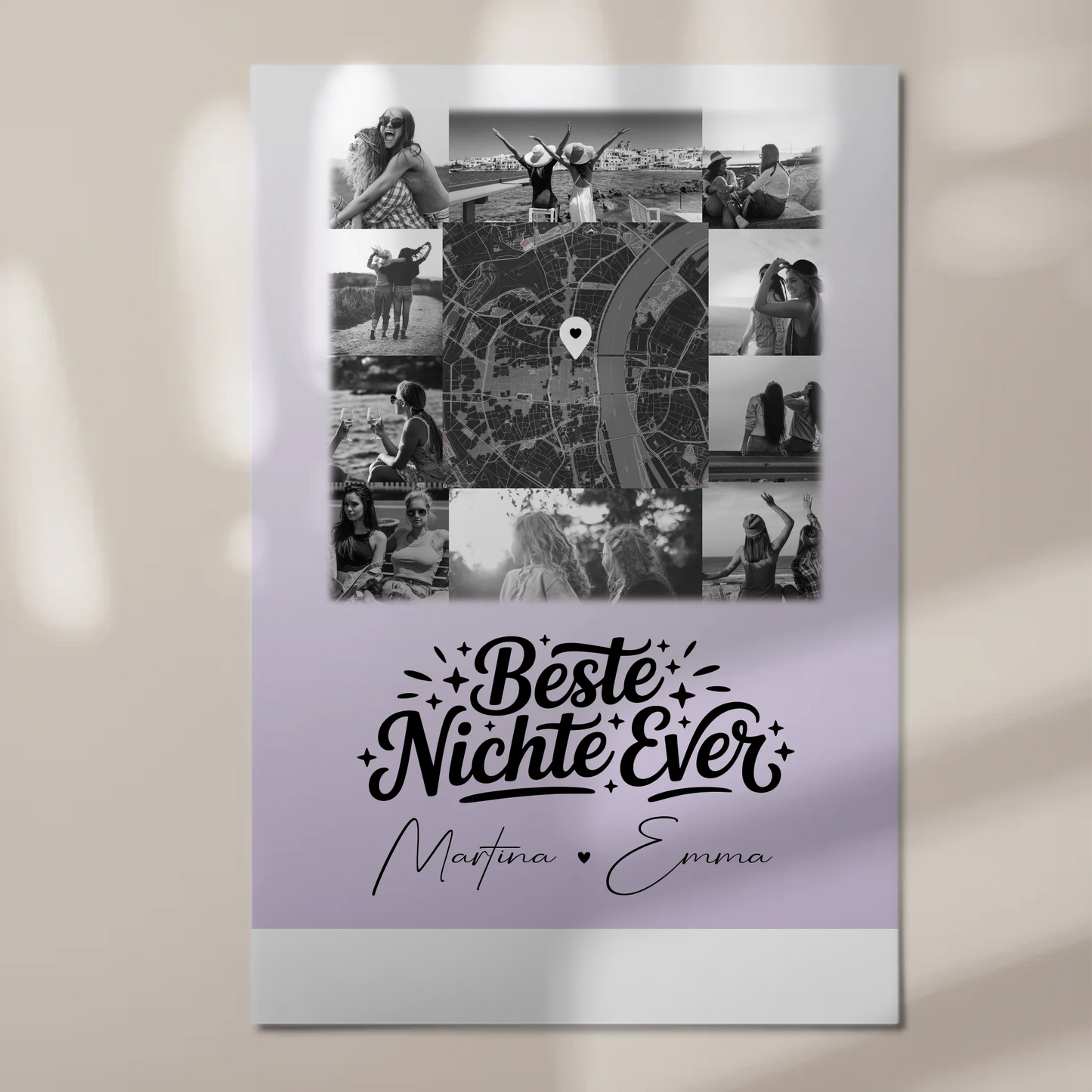 Fotoboard Magnet Wandbild mit 10 Fotos und Karte in der Mitte Beste Nichte Ever Schwarz-Weiß