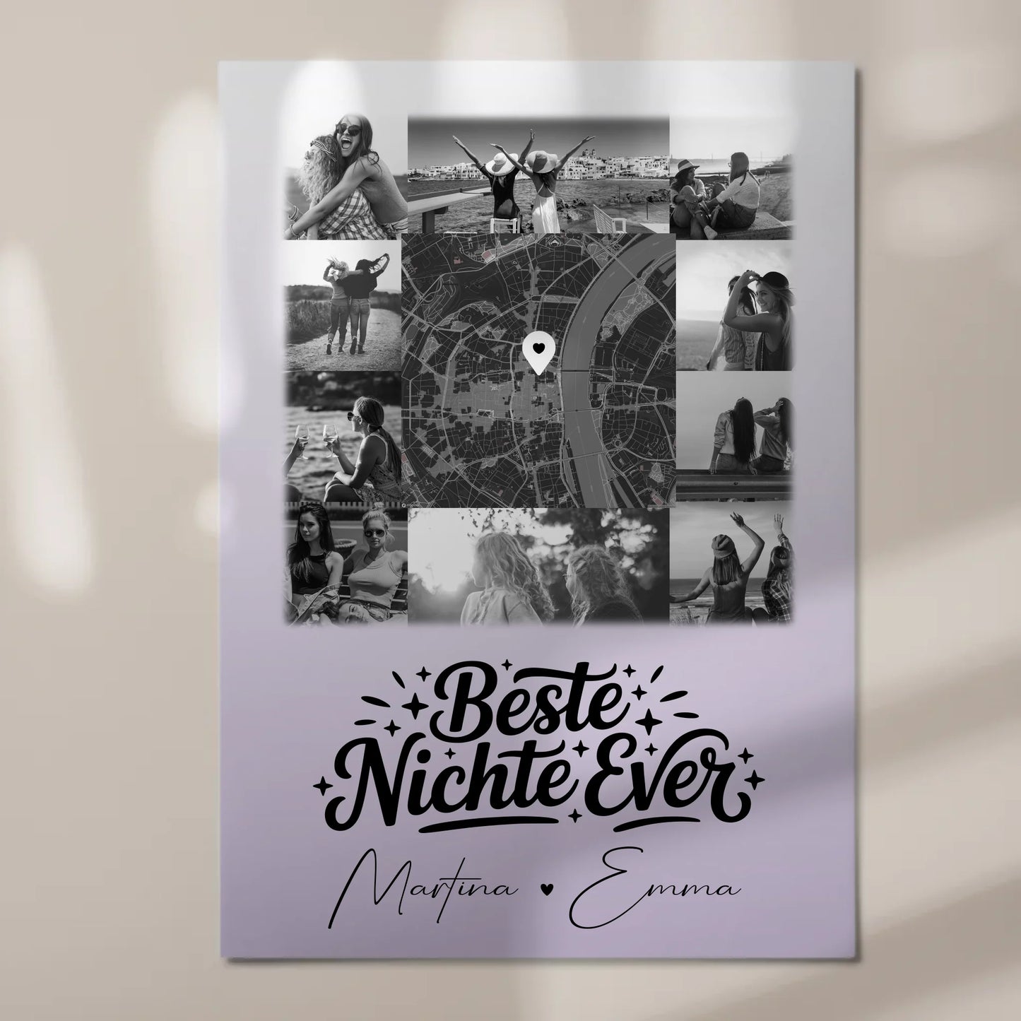 Fotoboard Magnet Wandbild mit 10 Fotos und Karte in der Mitte Beste Nichte Ever Schwarz-Weiß