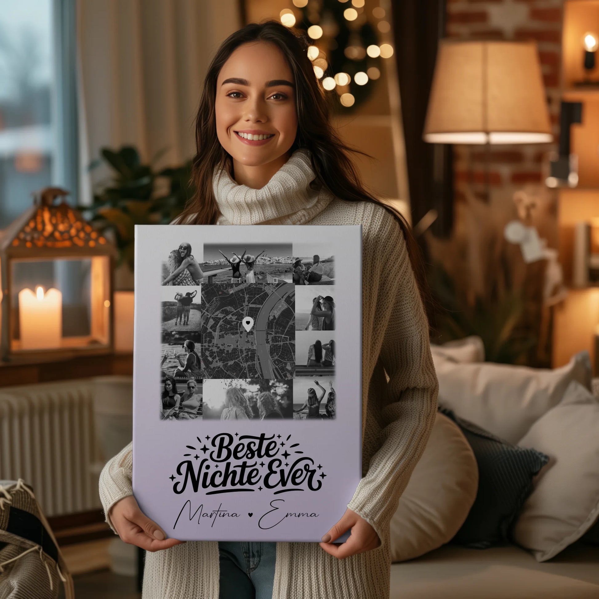 Leinwand Wandbild mit 10 Fotos und Karte in der Mitte Beste Nichte Ever Schwarz-Weiß Personalisiert 2