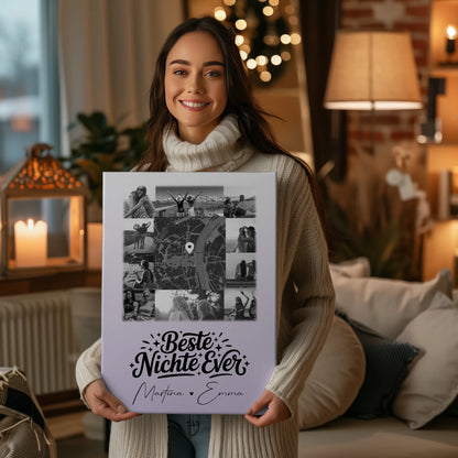 Leinwand Wandbild mit 10 Fotos und Karte in der Mitte Beste Nichte Ever Schwarz-Weiß Personalisiert 2