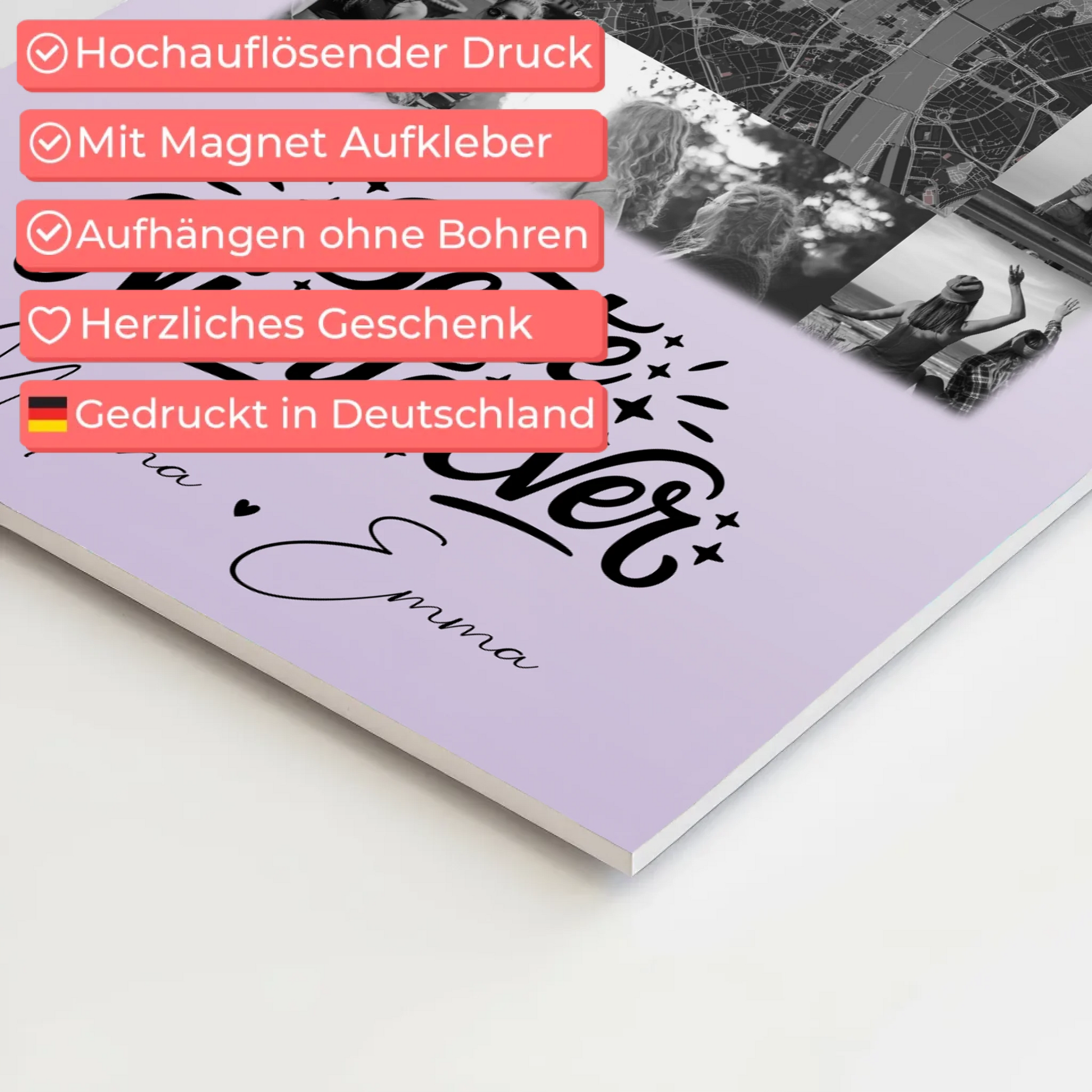 Fotoboard Magnet Wandbild mit 10 Fotos und Karte in der Mitte Beste Nichte Ever Schwarz-Weiß 10