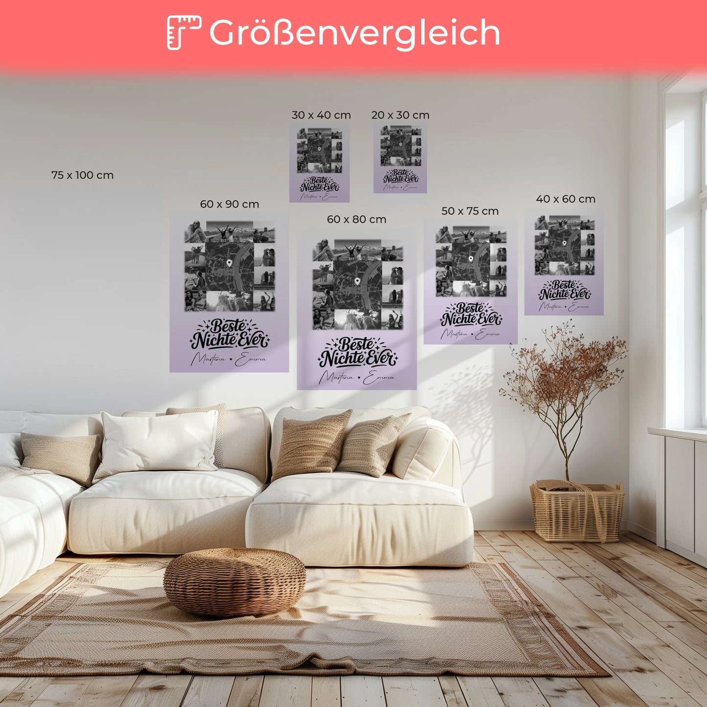 Leinwand Wandbild mit 10 Fotos und Karte in der Mitte Beste Nichte Ever Schwarz-Weiß Personalisiert 6