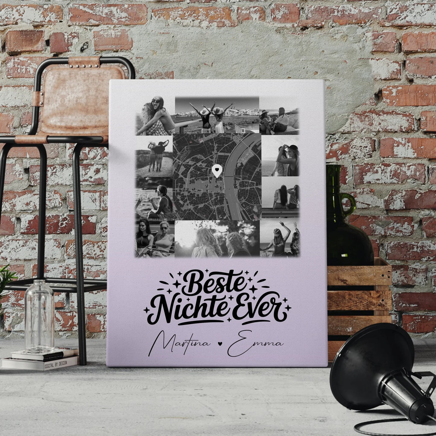 Leinwand Wandbild mit 10 Fotos und Karte in der Mitte Beste Nichte Ever Schwarz-Weiß Personalisiert 4