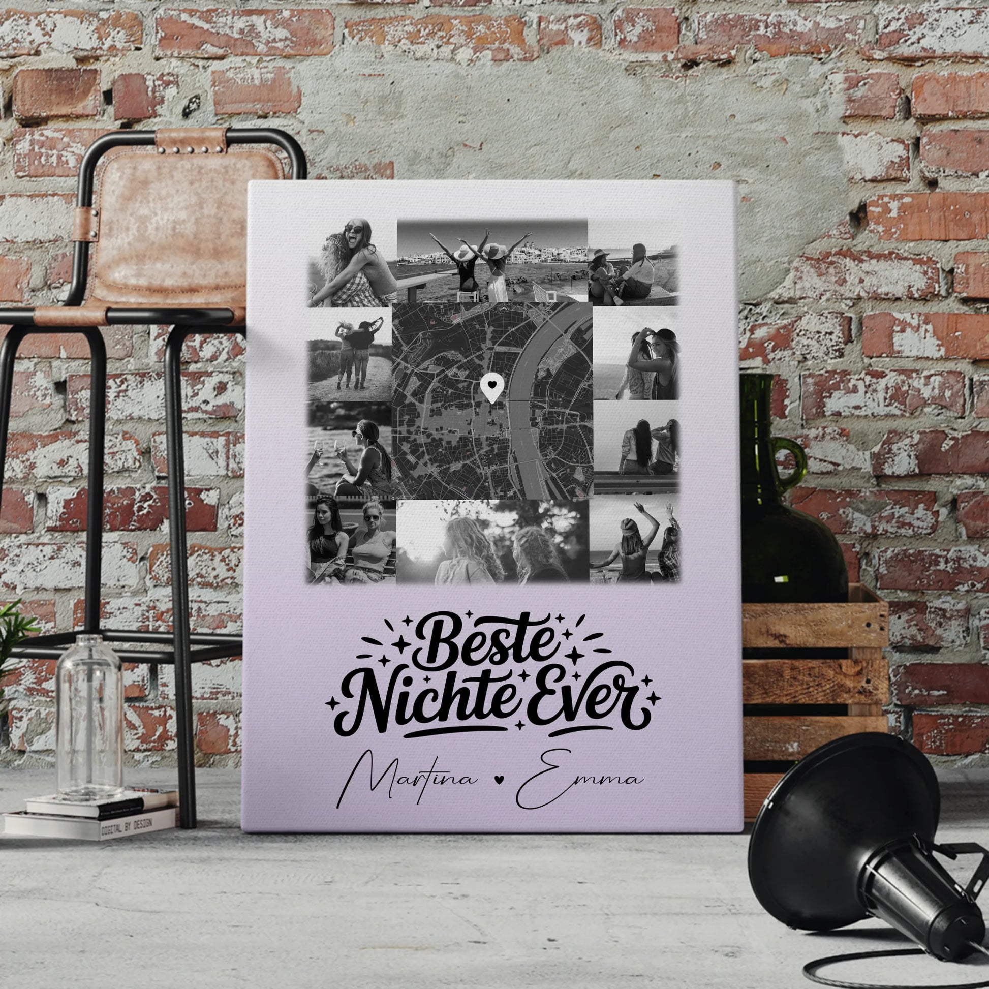 Leinwand Wandbild mit 10 Fotos und Karte in der Mitte Beste Nichte Ever Schwarz-Weiß Personalisiert 4